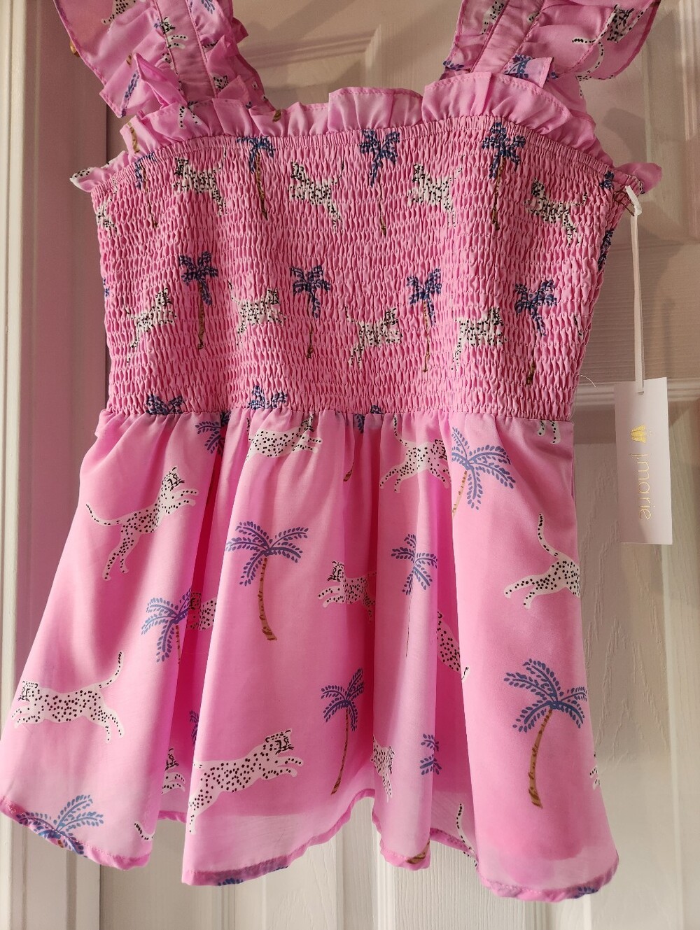 J.Marie Pink Leopard Print Ruched Ruffle Strap Top Size M - Picture 3 of 11